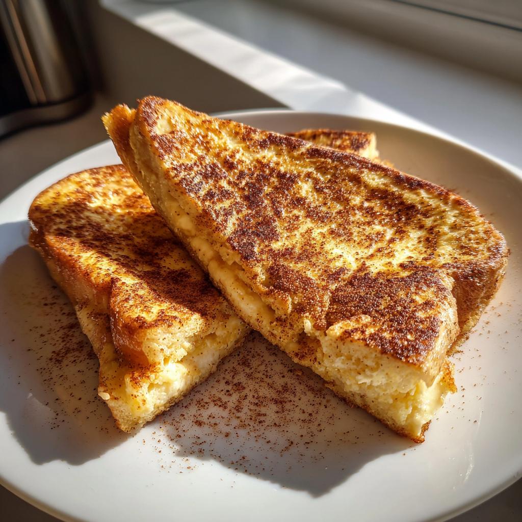Two slices of golden High Protein Berry Bake, dusted with cinnamon, on a white plate.