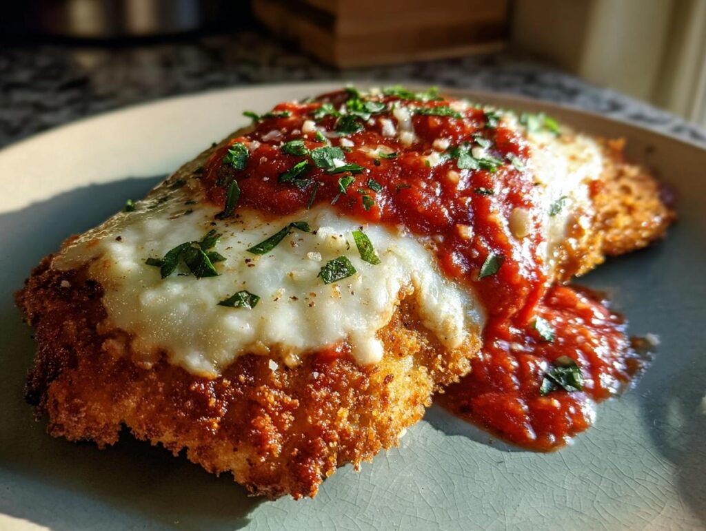 A delicious serving of High Protein Chicken Parm, topped with melted cheese, marinara sauce, and fresh herbs.