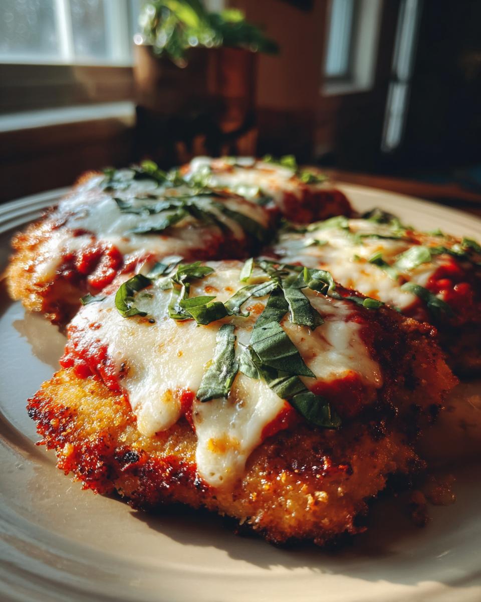 Delicious High Protein Chicken Parm topped with melted cheese, tomato sauce, and fresh basil on a plate.