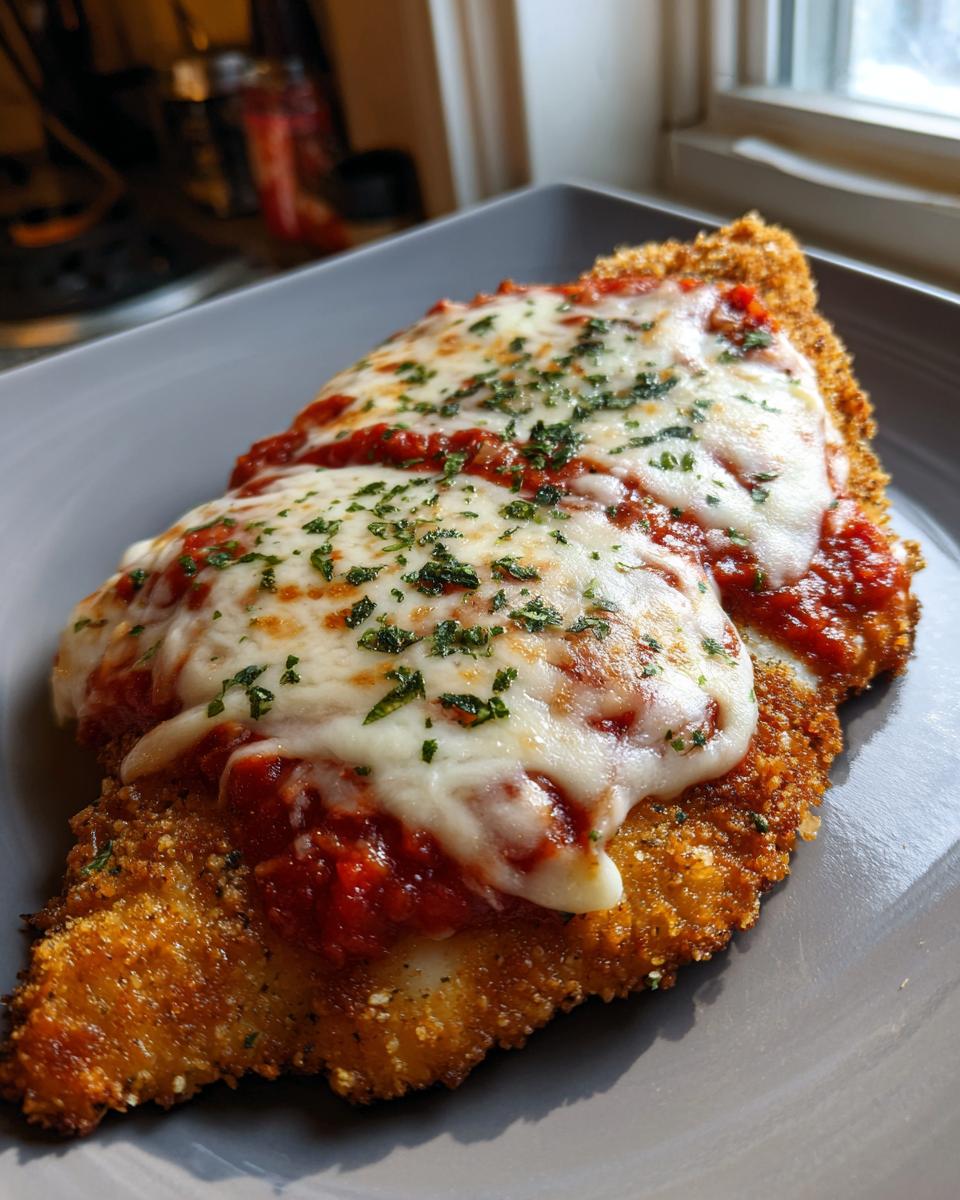 A delicious serving of High Protein Chicken Parm, featuring a crispy breaded chicken breast topped with tomato sauce and melted cheese.