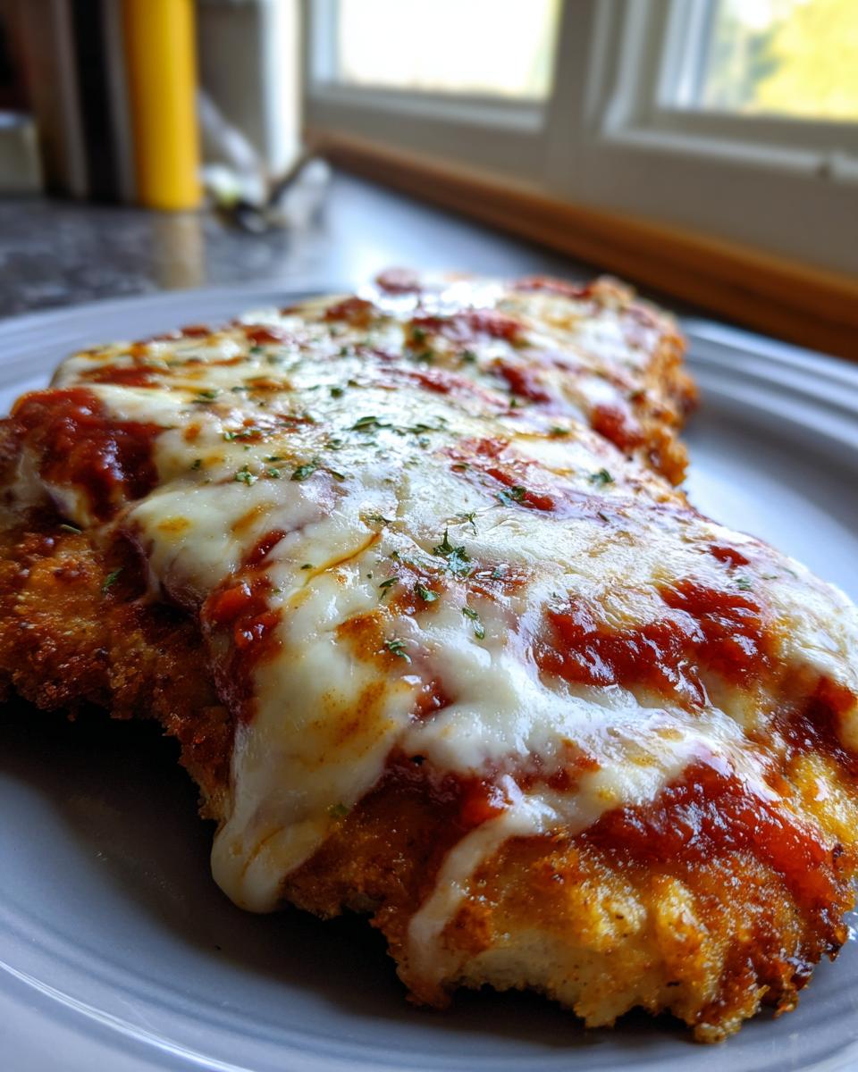 Close-up of High Protein Chicken Parm on a gray plate, topped with melted cheese and tomato sauce.