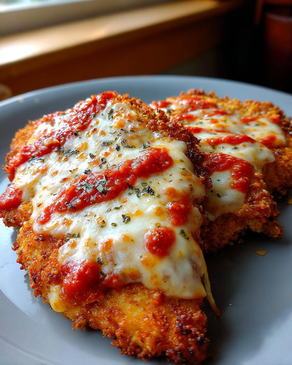 Two pieces of High Protein Chicken Parm on a gray plate, topped with melted cheese, tomato sauce, and herbs.