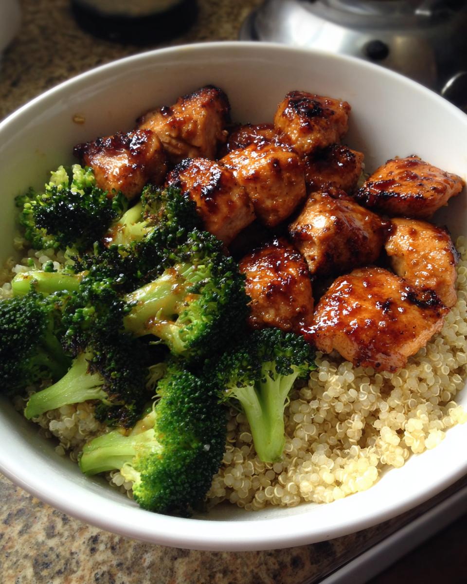 A bowl of perfect comfy, high protein meal featuring glazed chicken, broccoli, and quinoa.