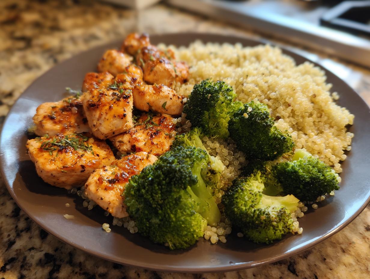 A plate of perfect comfy, high protein meal with chicken, quinoa, and broccoli.