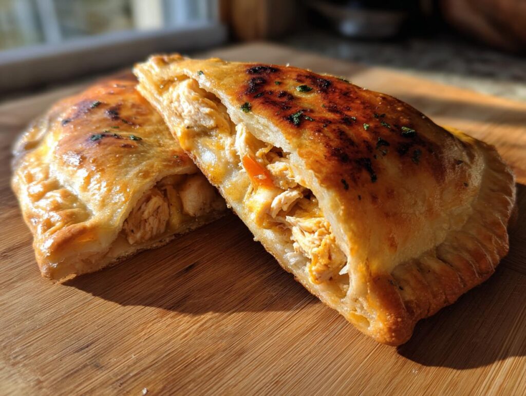 Two golden-brown High Protein Pizza Pockets, one cut open to reveal a chicken and vegetable filling.
