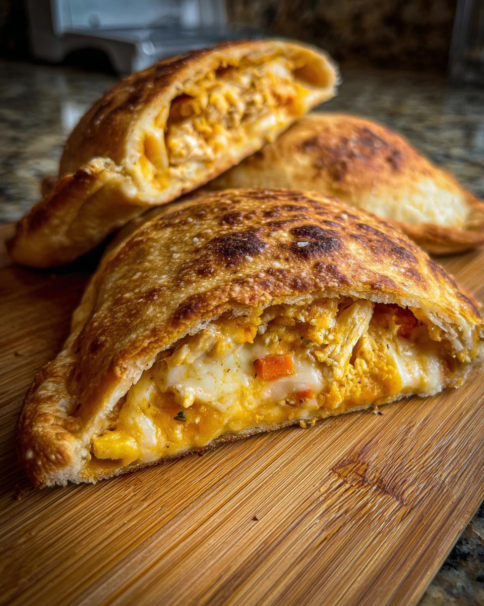 Three high protein pizza pockets, one cut open to show the cheesy filling, on a wooden board.