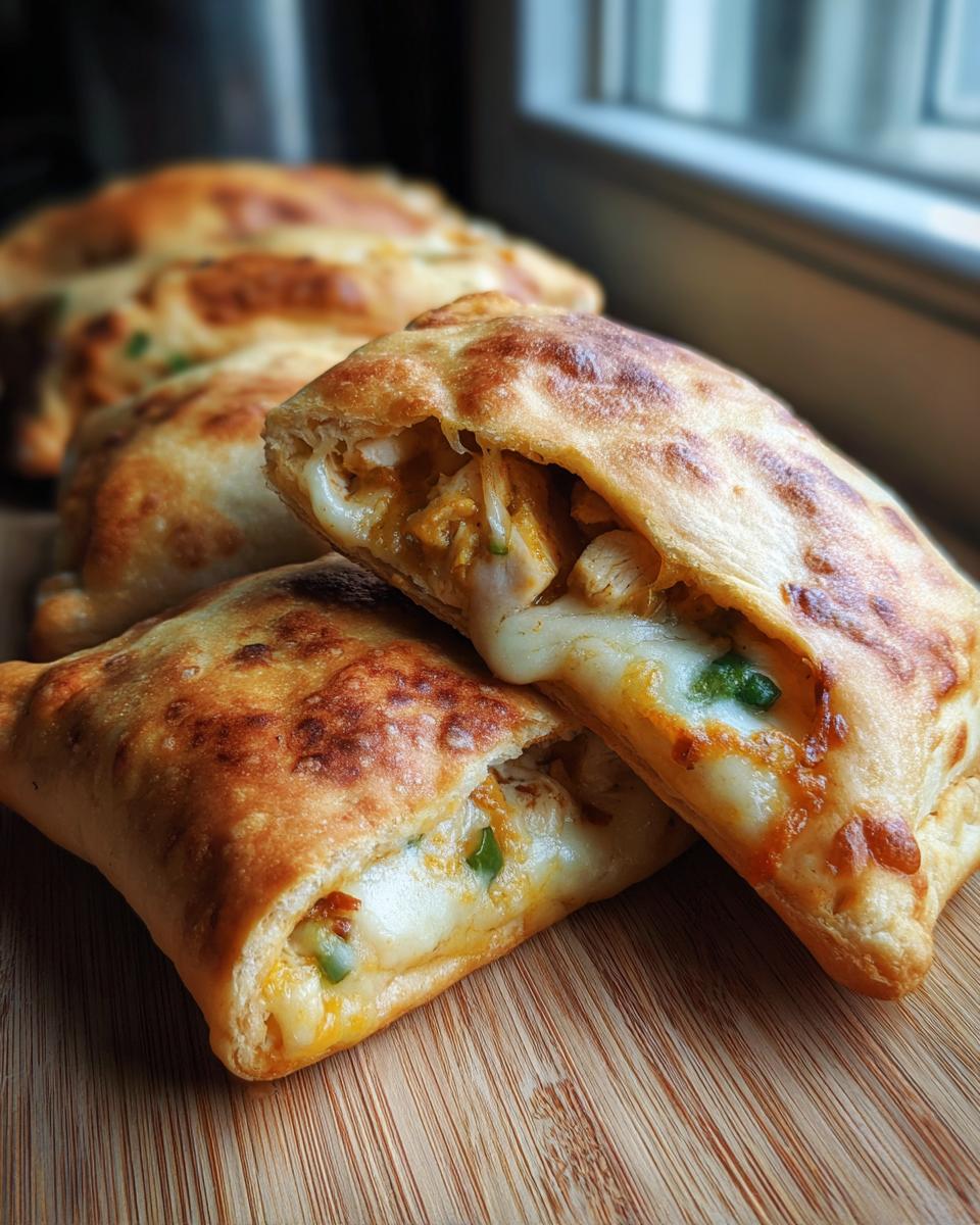 Close-up of High Protein Pizza Pockets filled with chicken, cheese, and green peppers on a wooden board.