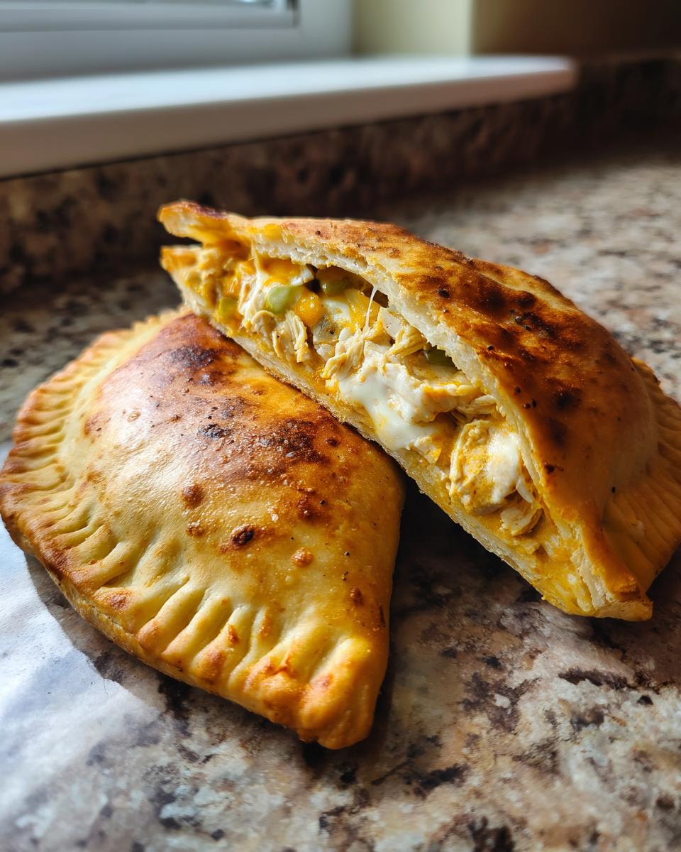 Two High Protein Pizza Pockets, one cut open to show chicken and cheese filling.