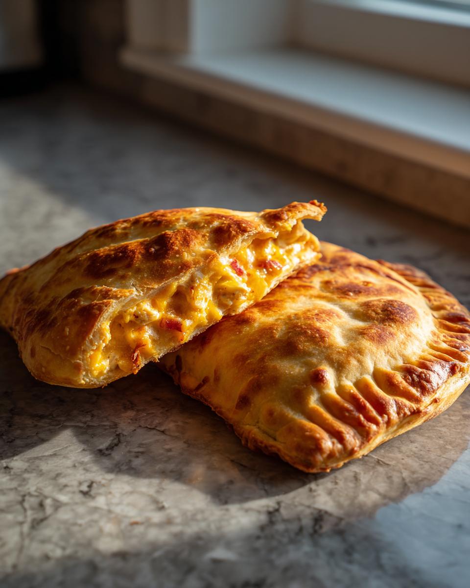 Two golden brown High Protein Pizza Pockets, one cut open to show the cheesy filling.