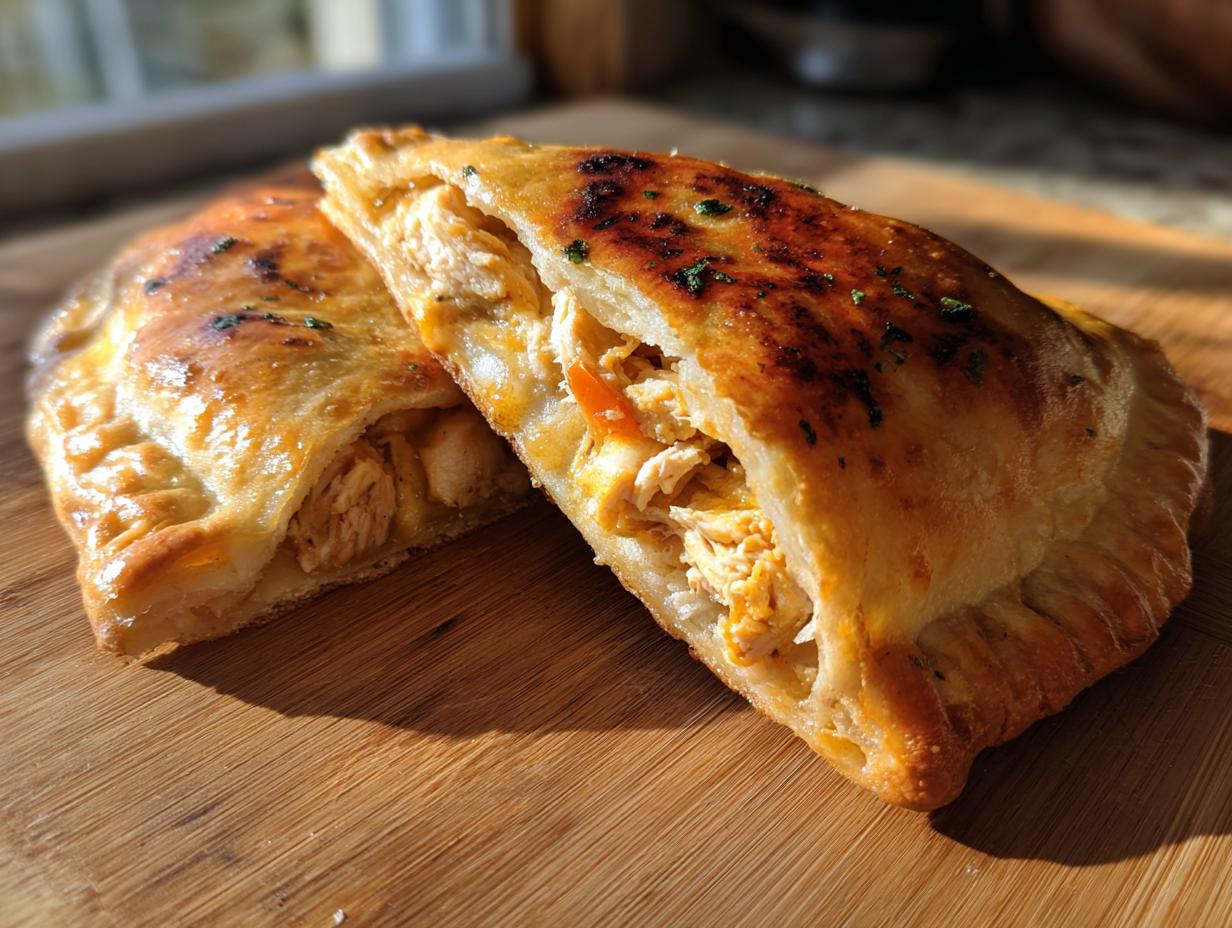 Two golden-brown High Protein Pizza Pockets, one cut open to reveal a chicken and vegetable filling.