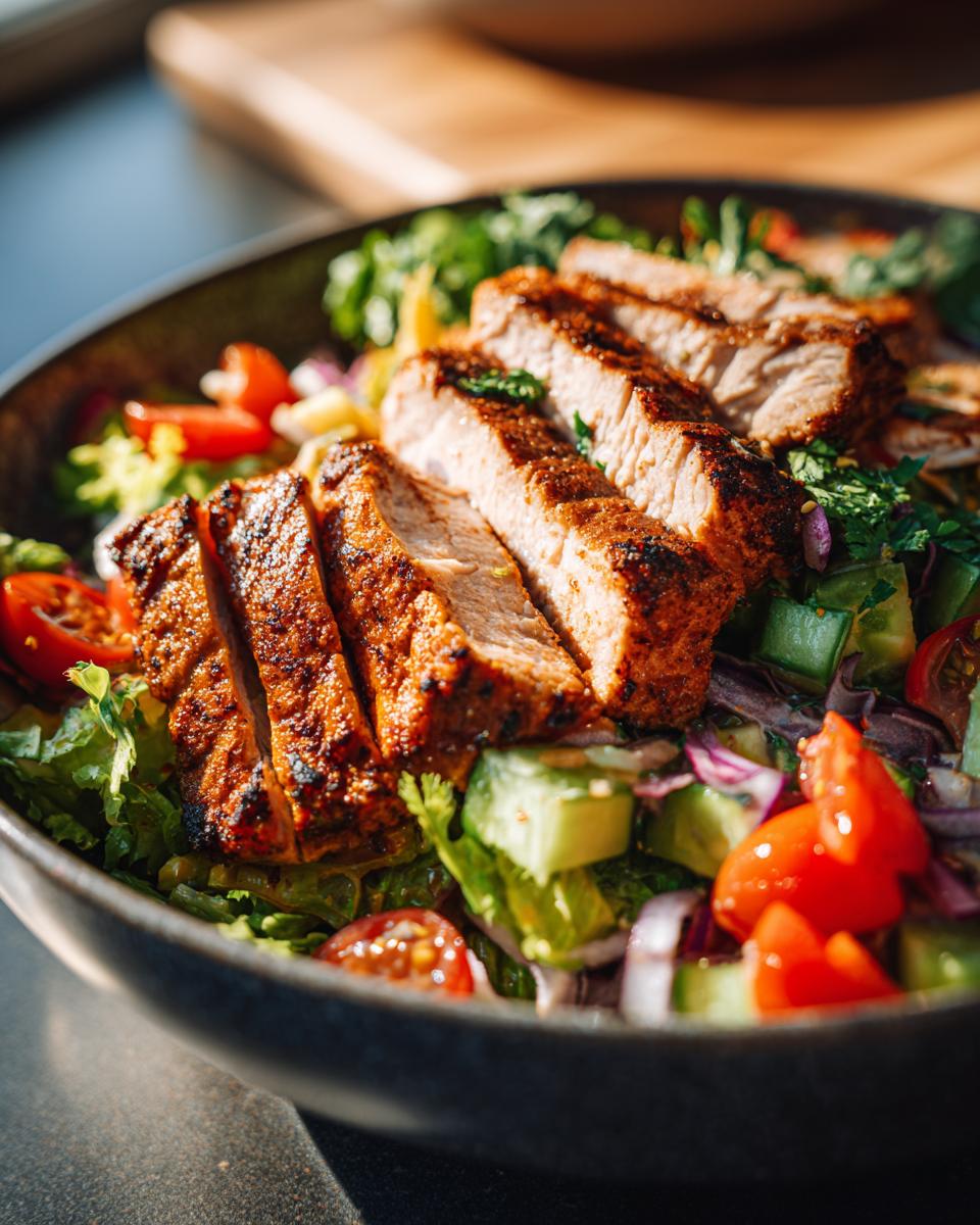 A vibrant High Protein Southwest Chicken Salad with sliced grilled chicken, tomatoes, cucumbers, and mixed greens.