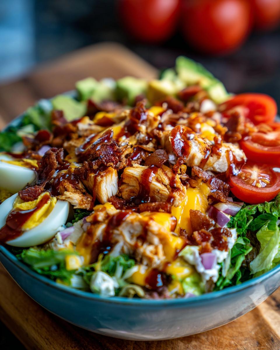 A vibrant bowl of High Protein Southwest Chicken Salad with chicken, bacon, avocado, tomatoes, and a drizzle of sauce.
