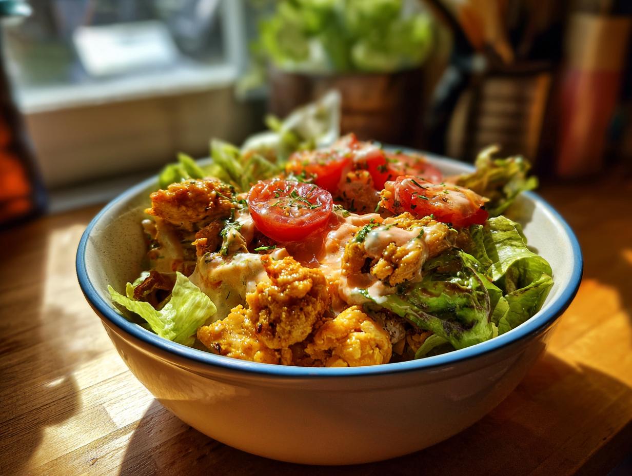 Bowl of High Protein Southwest Chicken Salad with lettuce, tomatoes, chicken and dressing.