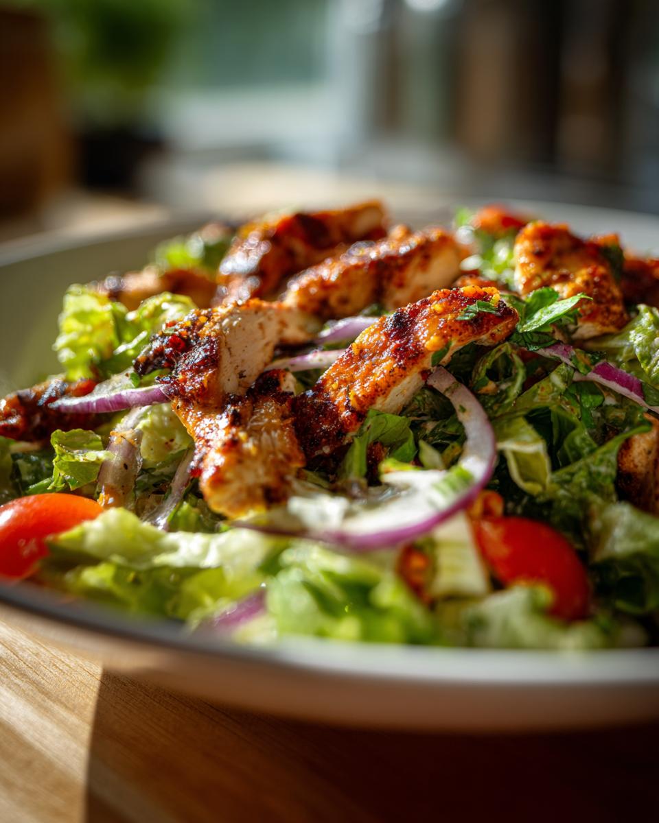 A vibrant High Protein Southwest Chicken Salad with grilled chicken, lettuce, red onion, and tomatoes.