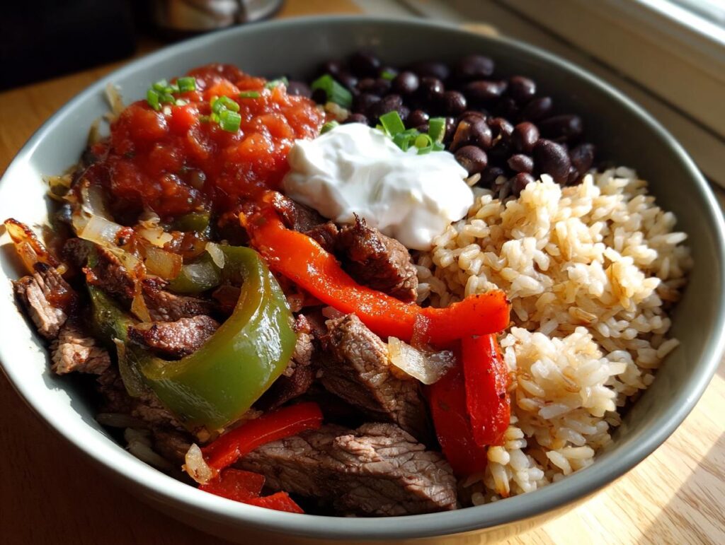 A vibrant High Protein Steak Fajita Bowl with steak, peppers, rice, beans, salsa, and sour cream.