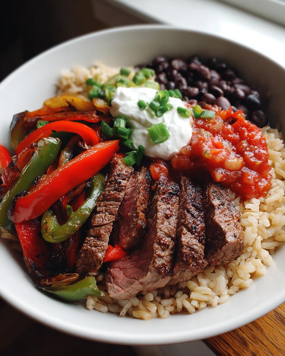 Close-up of a High Protein Steak Fajita Bowl with rice, steak, peppers, beans, salsa, and sour cream.