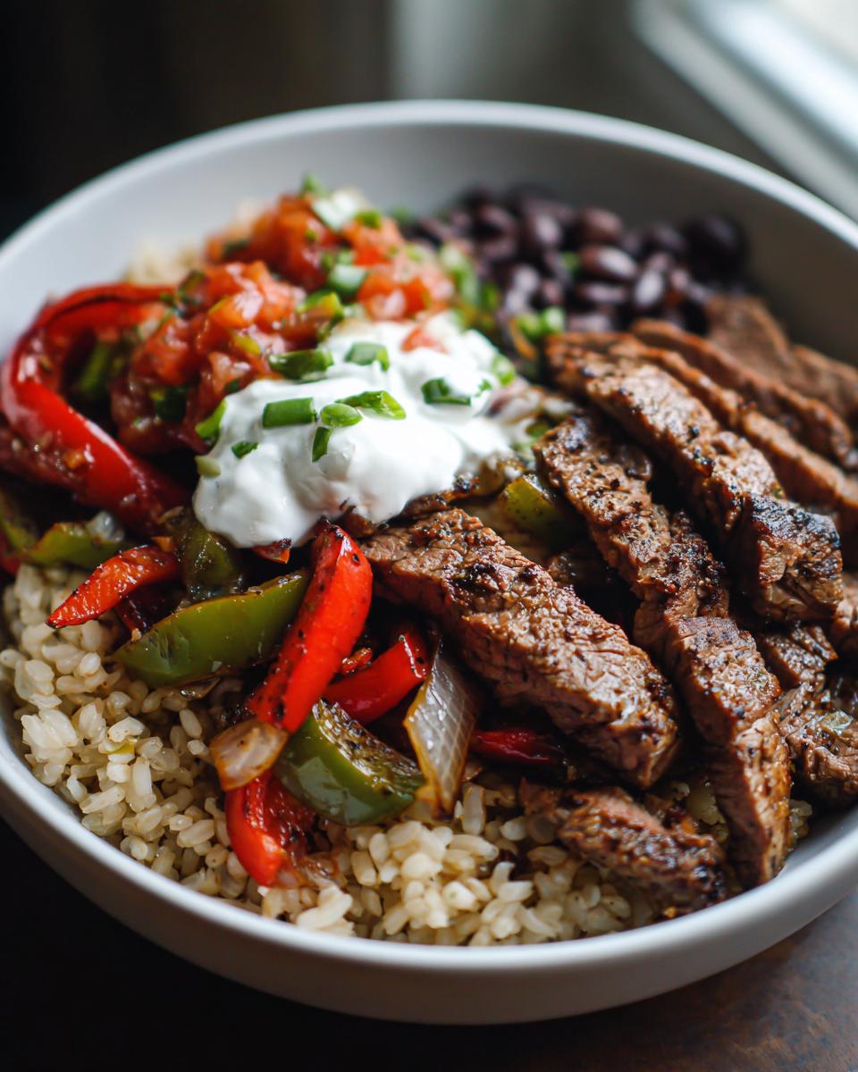 A vibrant High Protein Steak Fajita Bowl featuring steak, rice, peppers, beans, salsa, and sour cream.
