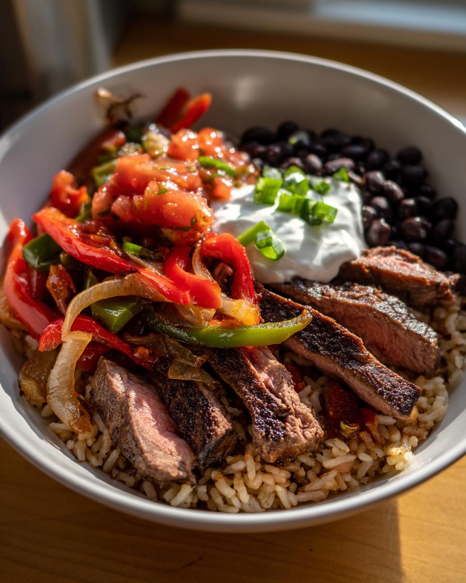 A delicious High Protein Steak Fajita Bowl with rice, steak, peppers, onions, salsa, black beans and sour cream.