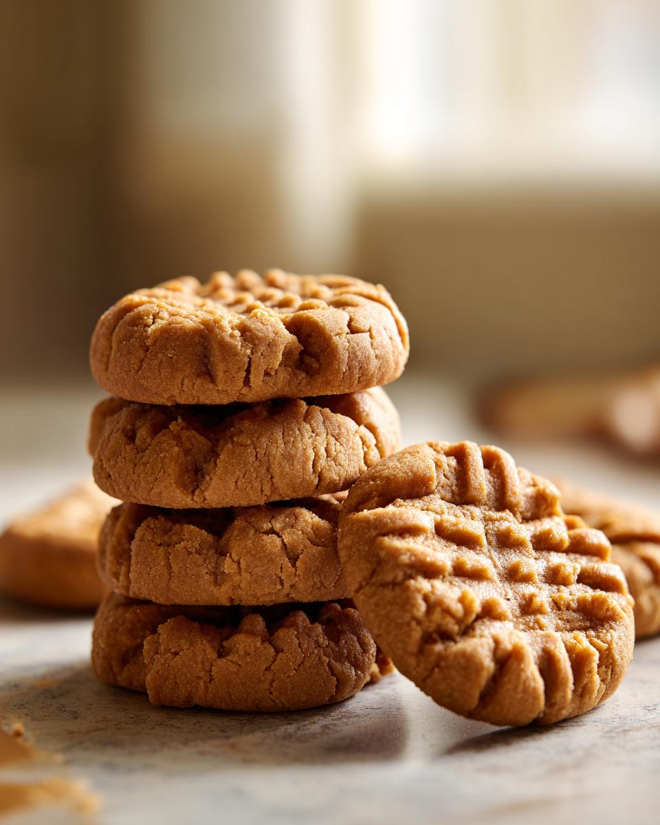 A stack of four Homemade Copycat Nutter Butters cookies, with another cookie leaning against the stack.