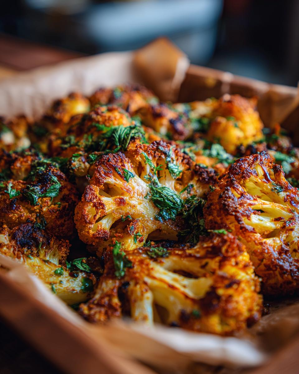 Close-up of Honey Curry Roasted Cauliflower florets, garnished with fresh herbs and arranged in a baking pan.