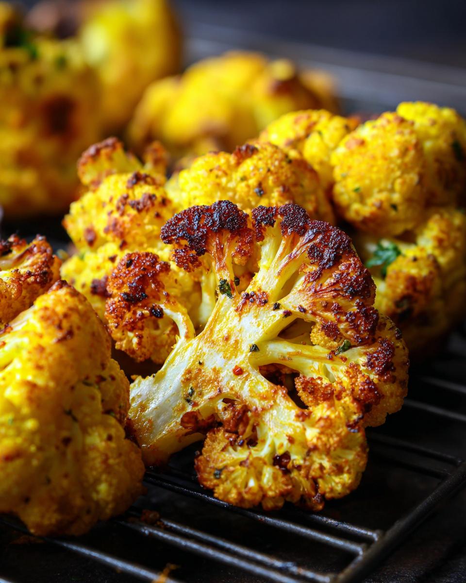 Close-up of Honey Curry Roasted Cauliflower on a baking rack, showing golden-brown florets.