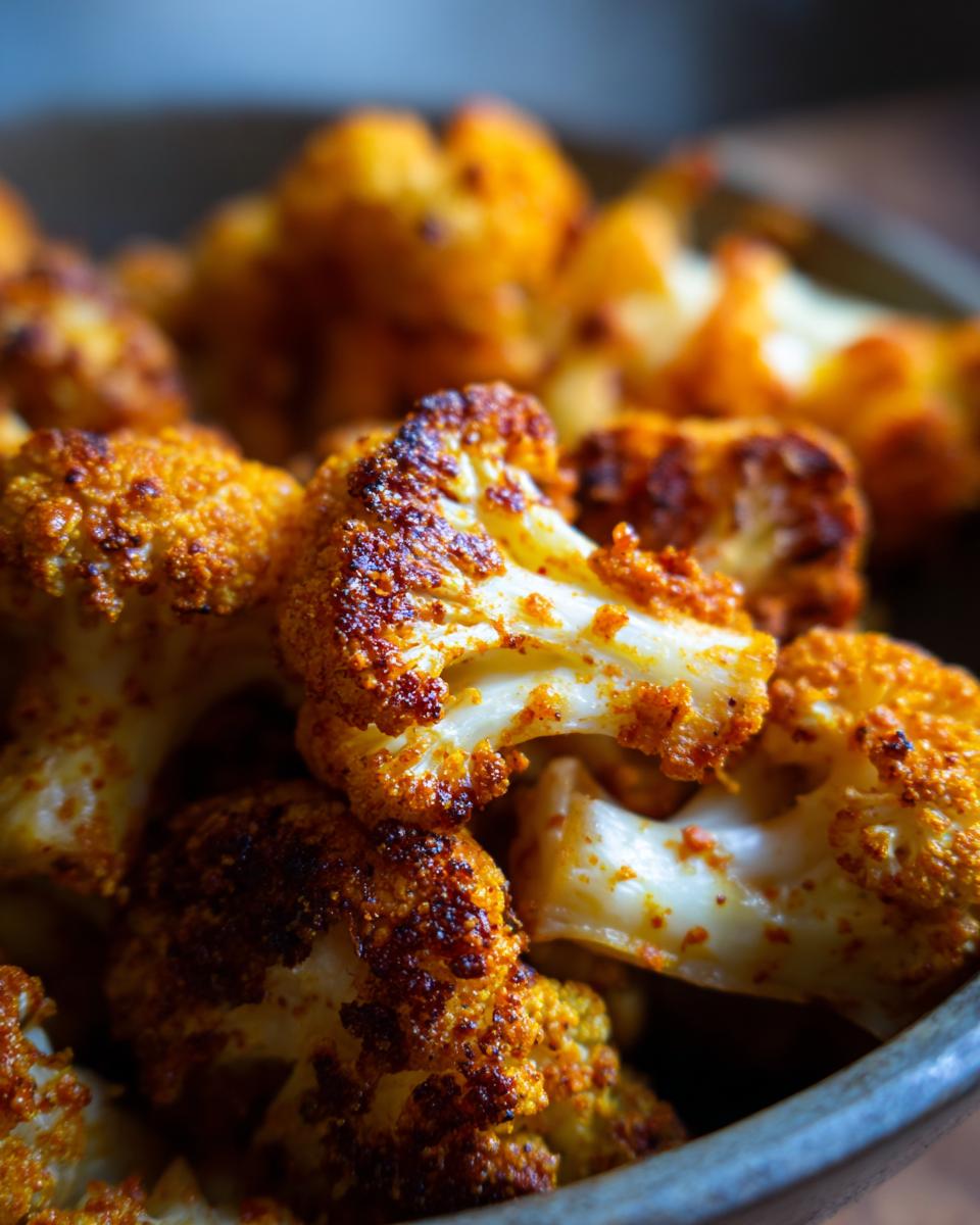 A close-up of Honey Curry Roasted Cauliflower showing the texture and color of the dish.