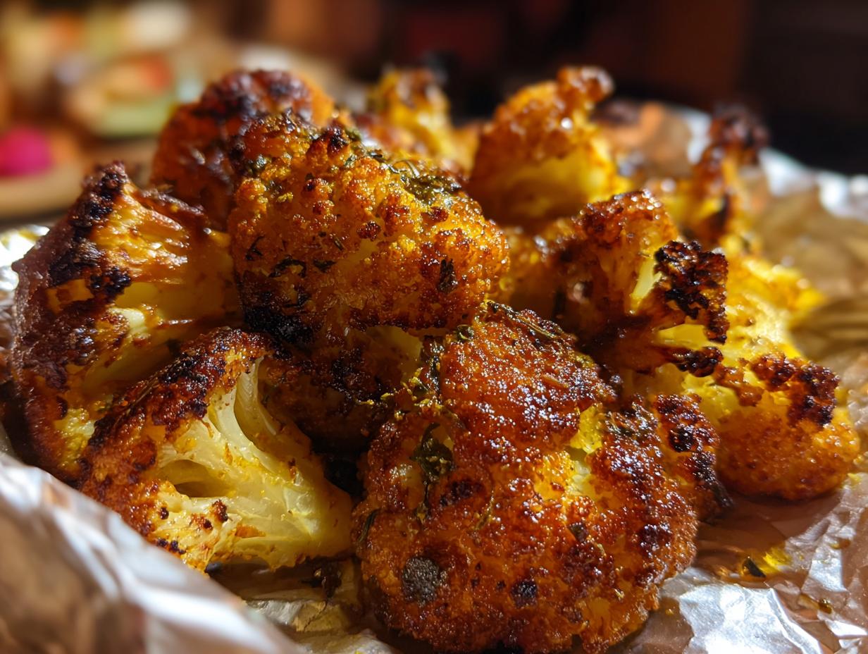 Close-up of golden Honey Curry Roasted Cauliflower florets, seasoned with herbs and spices on foil.