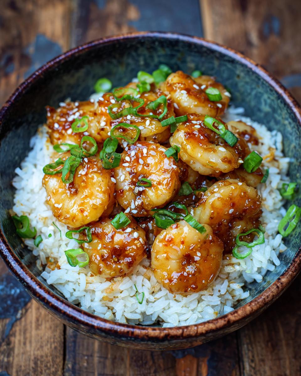 Close-up of a Honey Garlic Shrimp Bowl with rice, garnished with sesame seeds and green onions.