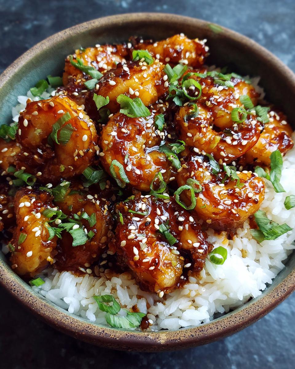 A bowl of Honey Garlic Shrimp Bowls with rice, garnished with sesame seeds and green onions.
