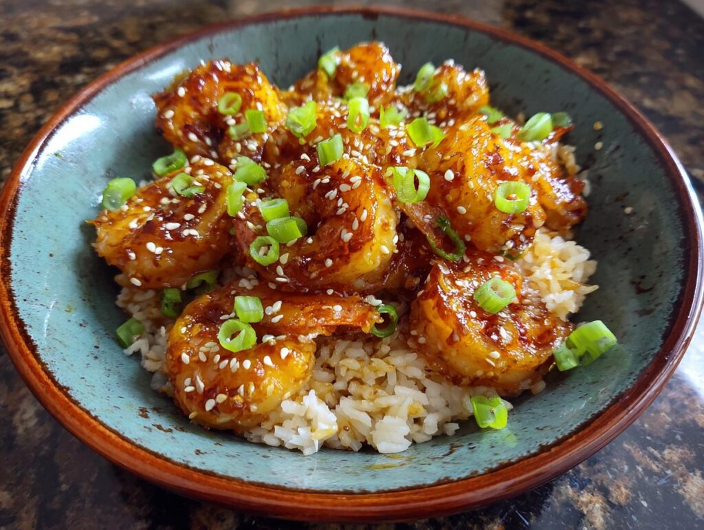 A vibrant bowl of Honey Garlic Shrimp Bowls served over rice, garnished with sesame seeds and green onions.