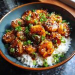 A vibrant bowl of Honey Garlic Shrimp Bowls with rice, sesame seeds, and green onions.