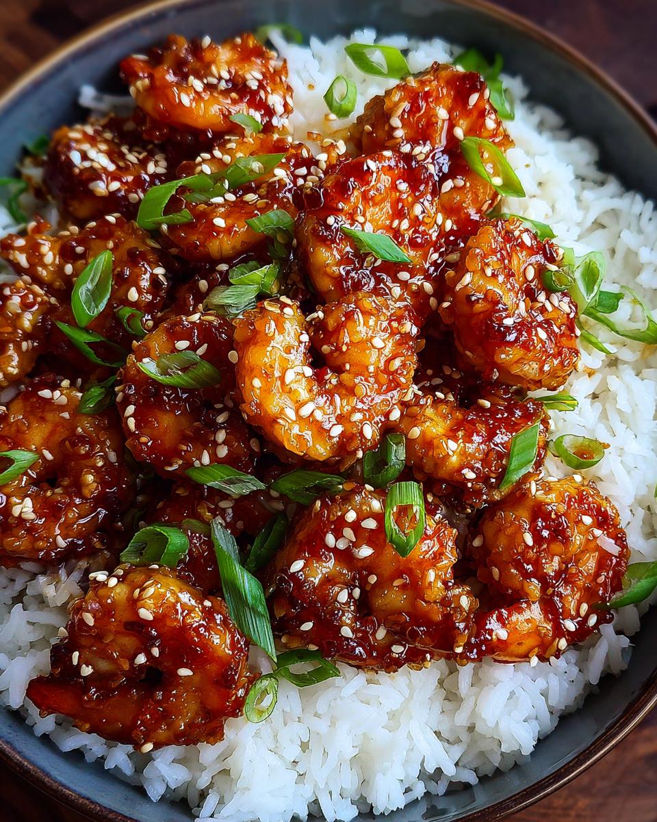 Close-up of Honey Garlic Shrimp Bowls with sesame seeds and green onions, served over white rice.