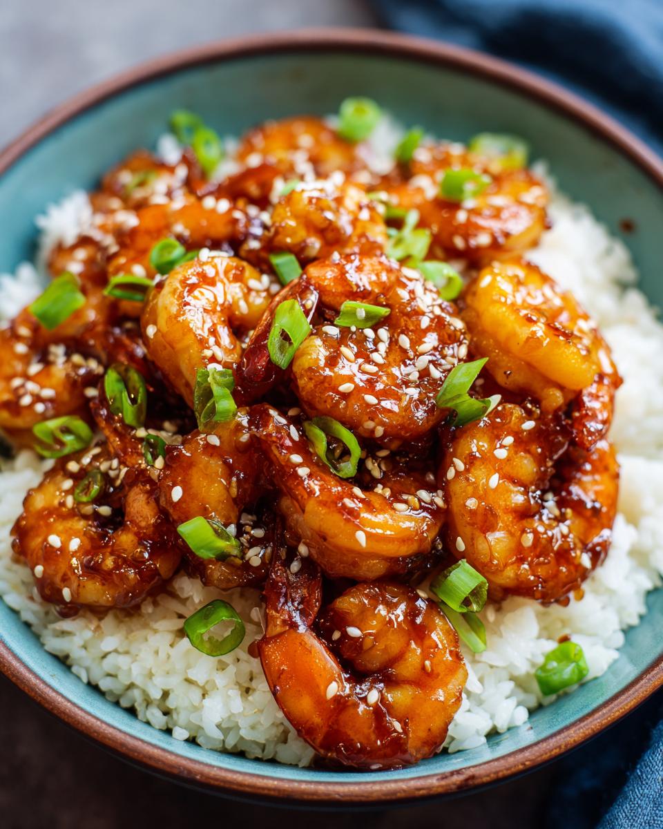 A vibrant bowl of Honey Garlic Shrimp Bowls served over fluffy white rice, garnished with sesame seeds and green onions.