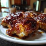 Close-up of Hot Honey Feta Chicken pieces on a plate, showcasing the glaze and feta filling.