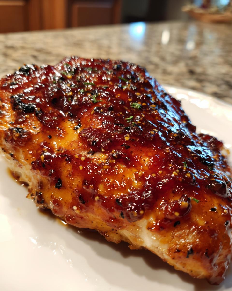 Close-up of a glazed Hot Honey Feta Chicken breast on a white plate, showcasing the glistening honey glaze.