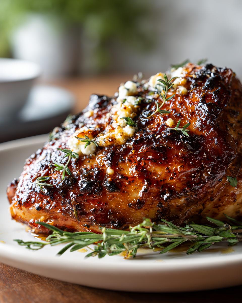 Close-up of Hot Honey Feta Chicken breast, glazed and topped with feta and herbs on a white plate.