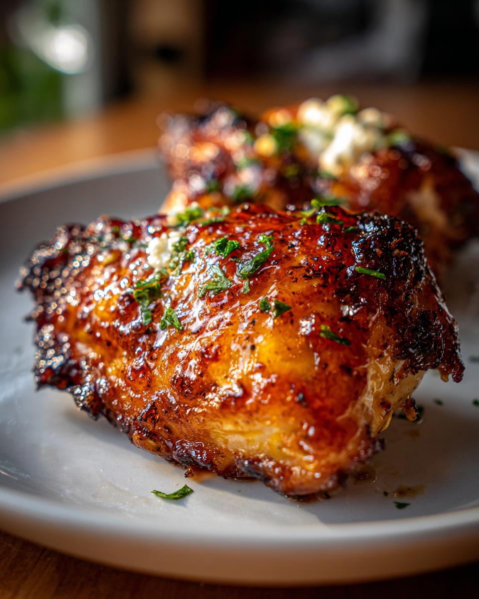 Close-up of Hot Honey Feta Chicken, showing the glaze, feta topping, and parsley garnish.