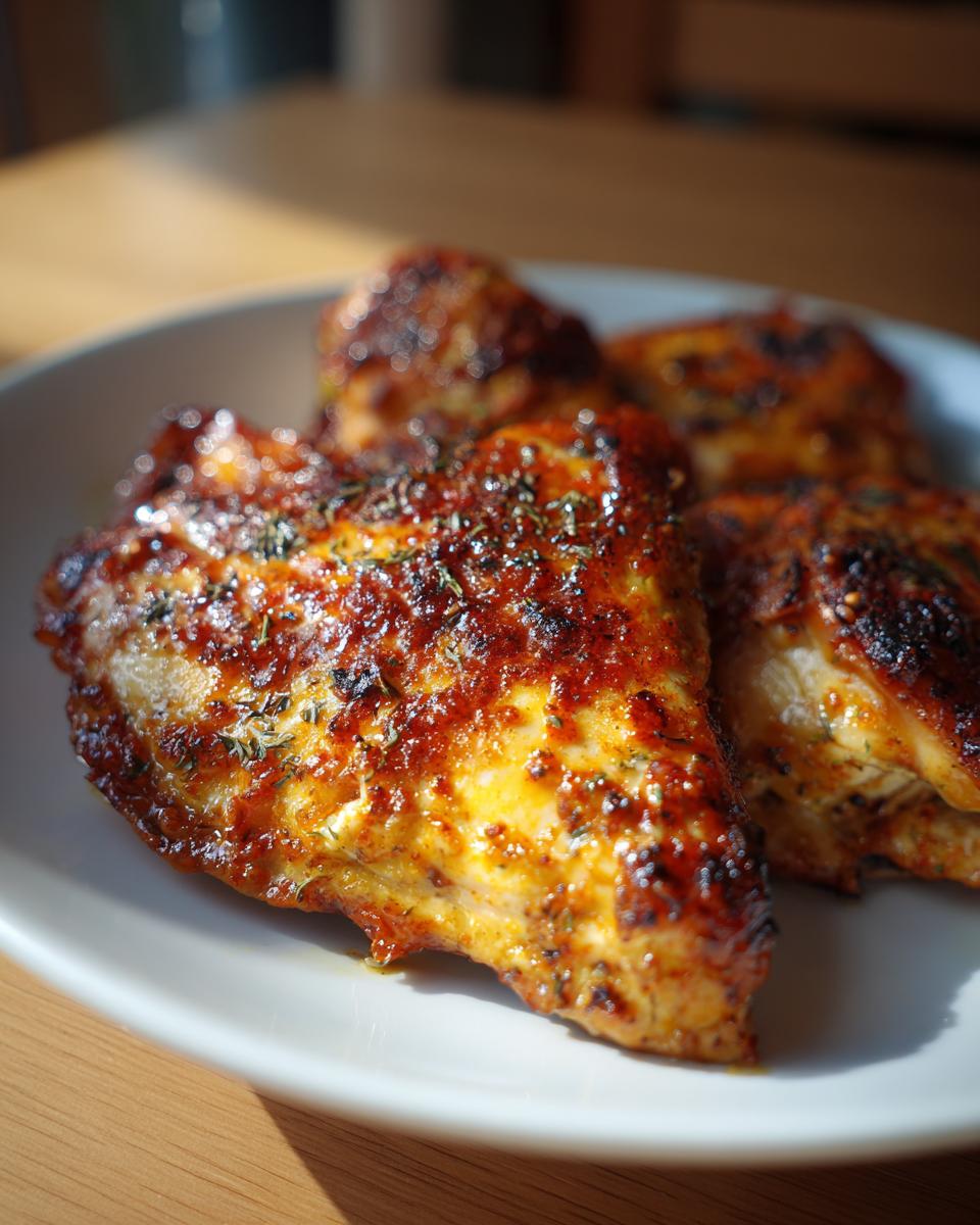 Close-up of Hot Honey Feta Chicken pieces on a white plate, showcasing the glaze and herb garnish.