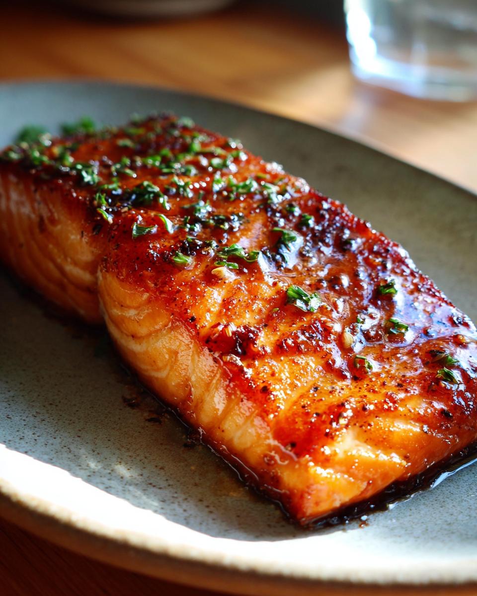 Close-up of a glazed Hot Honey Salmon fillet on a plate, garnished with fresh herbs.