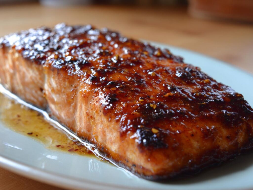 A glazed Hot Honey Salmon fillet on a plate, showcasing its caramelized texture and vibrant color.
