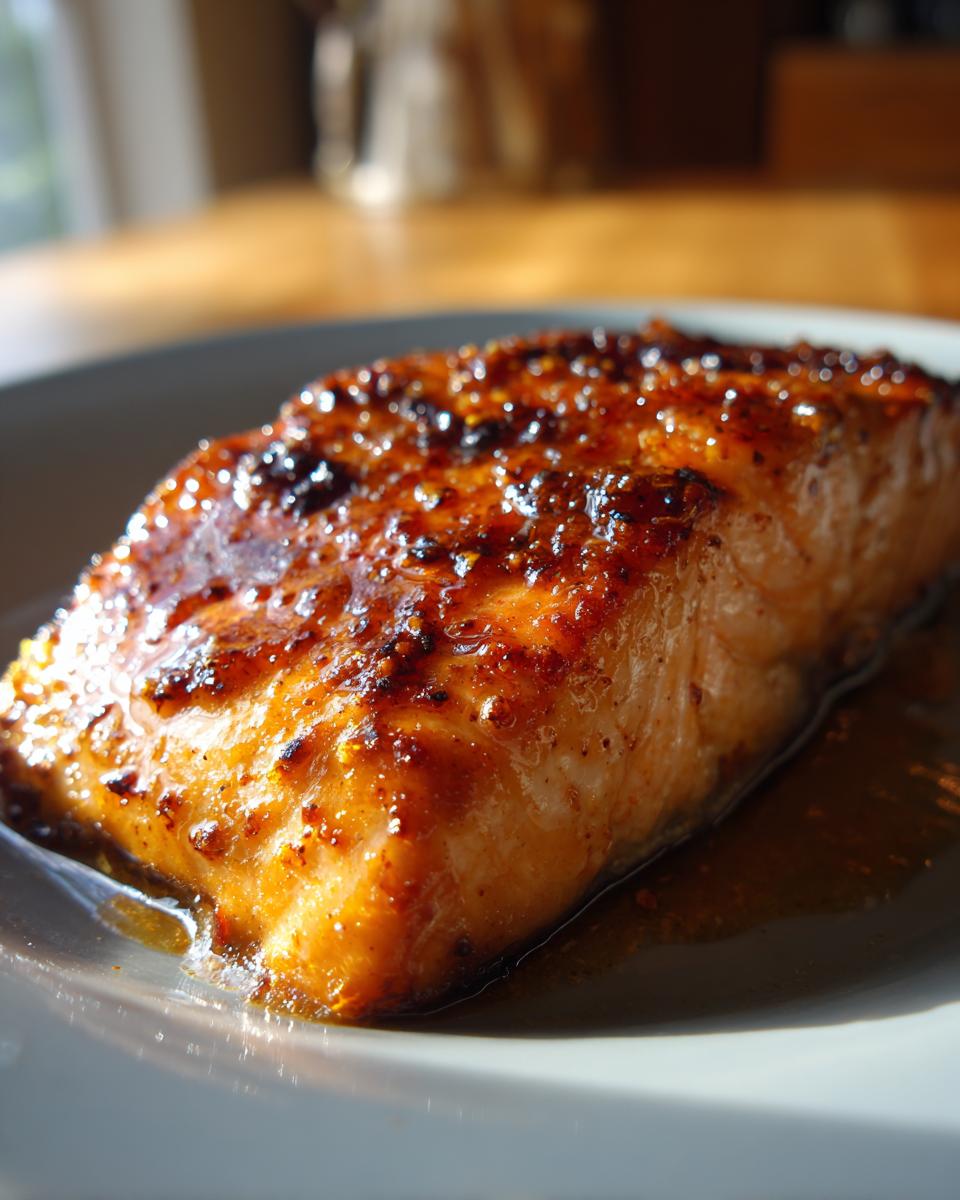 A glazed Hot Honey Salmon fillet sits on a plate, glistening with a sweet and spicy sauce.