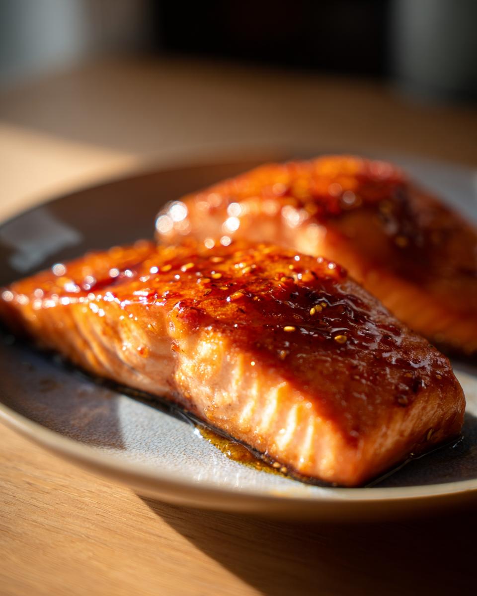 Two fillets of glazed Hot Honey Salmon on a plate, showcasing the shiny, sticky glaze.