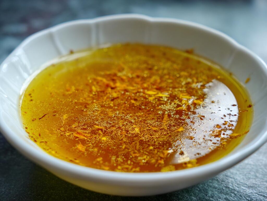 A bowl of golden Immune Boosting Broth, garnished with herbs and spices.