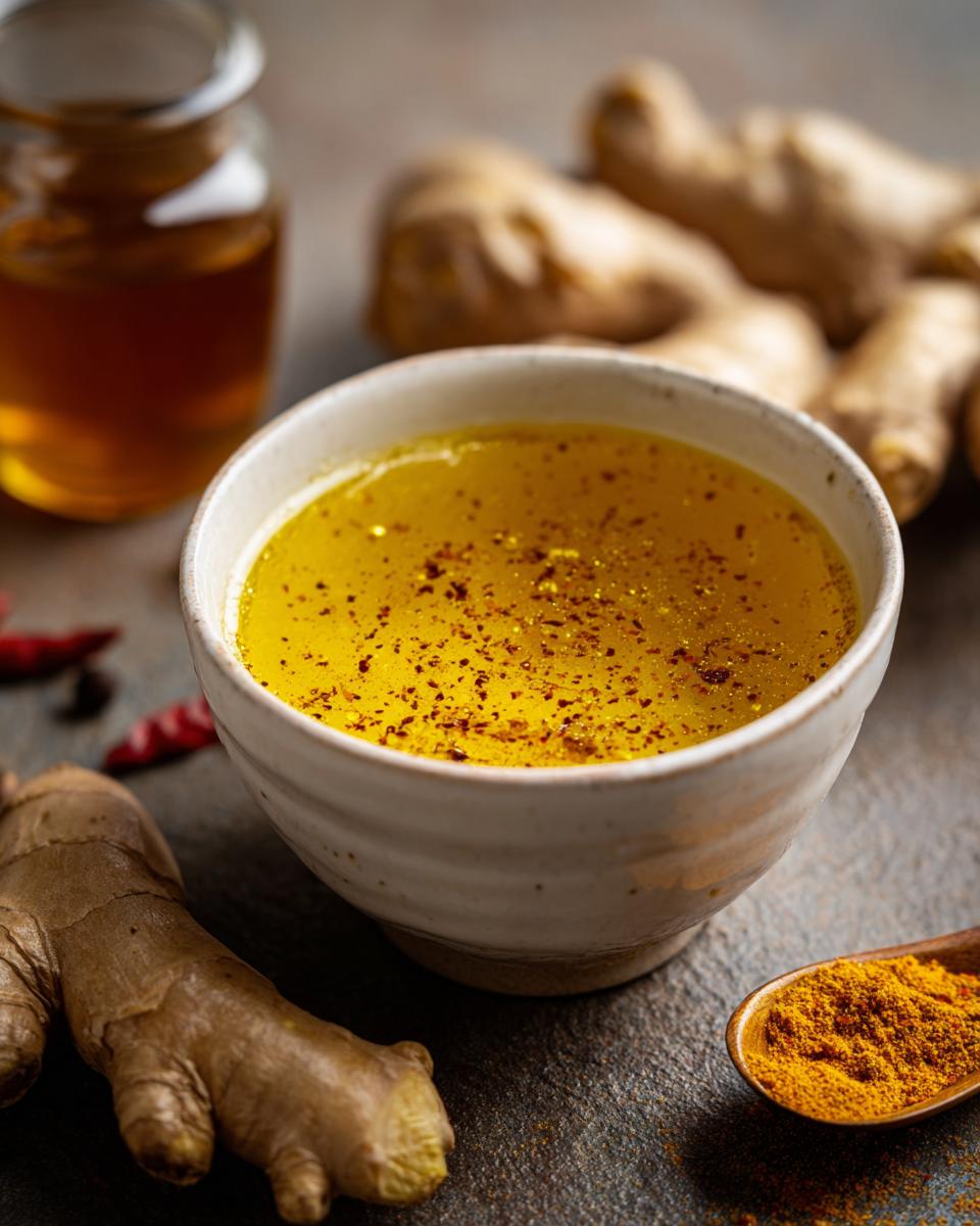 A bowl of vibrant yellow Immune Boosting Broth with ginger, turmeric, honey, and chili flakes.