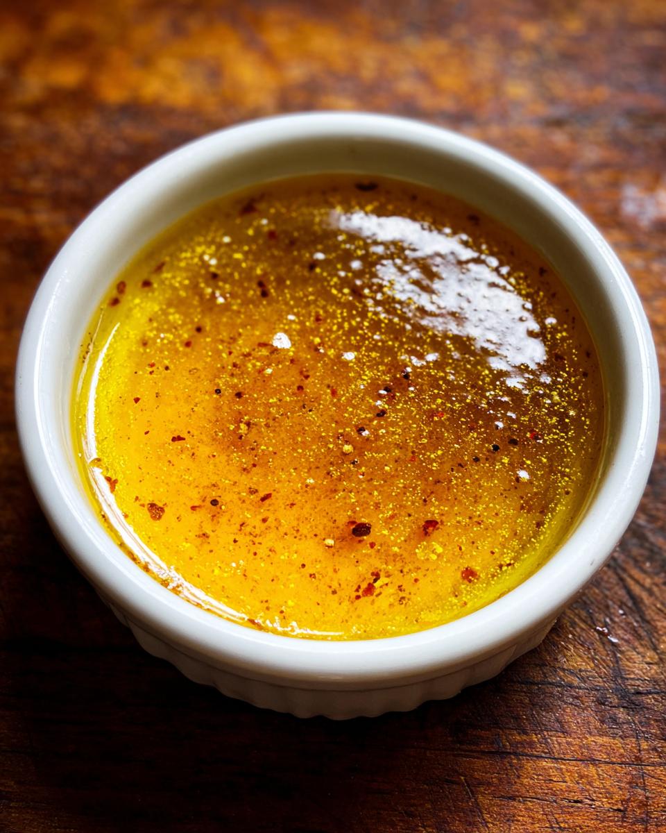A small white bowl filled with golden Immune Boosting Broth, speckled with spices, on a wooden surface.