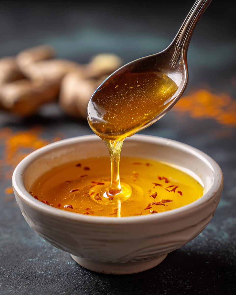 Spoon pouring honey into a bowl of Immune Boosting Broth, with ginger in the background.