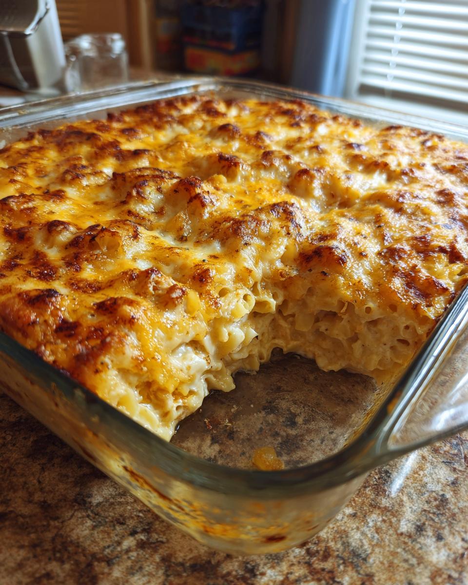 Close-up of Ina Garten's Chicken Casserole Recipe in a glass baking dish, showing a portion removed.