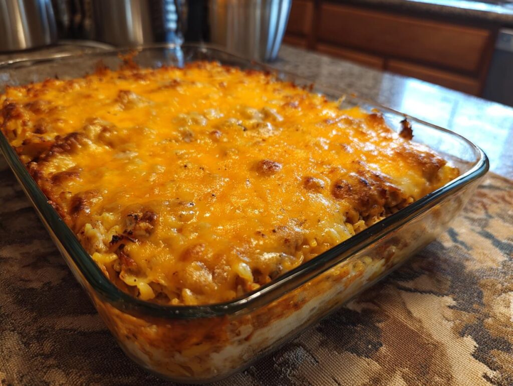 A freshly baked Ina Garten's Chicken Casserole Recipe in a glass baking dish with a golden, cheesy topping.