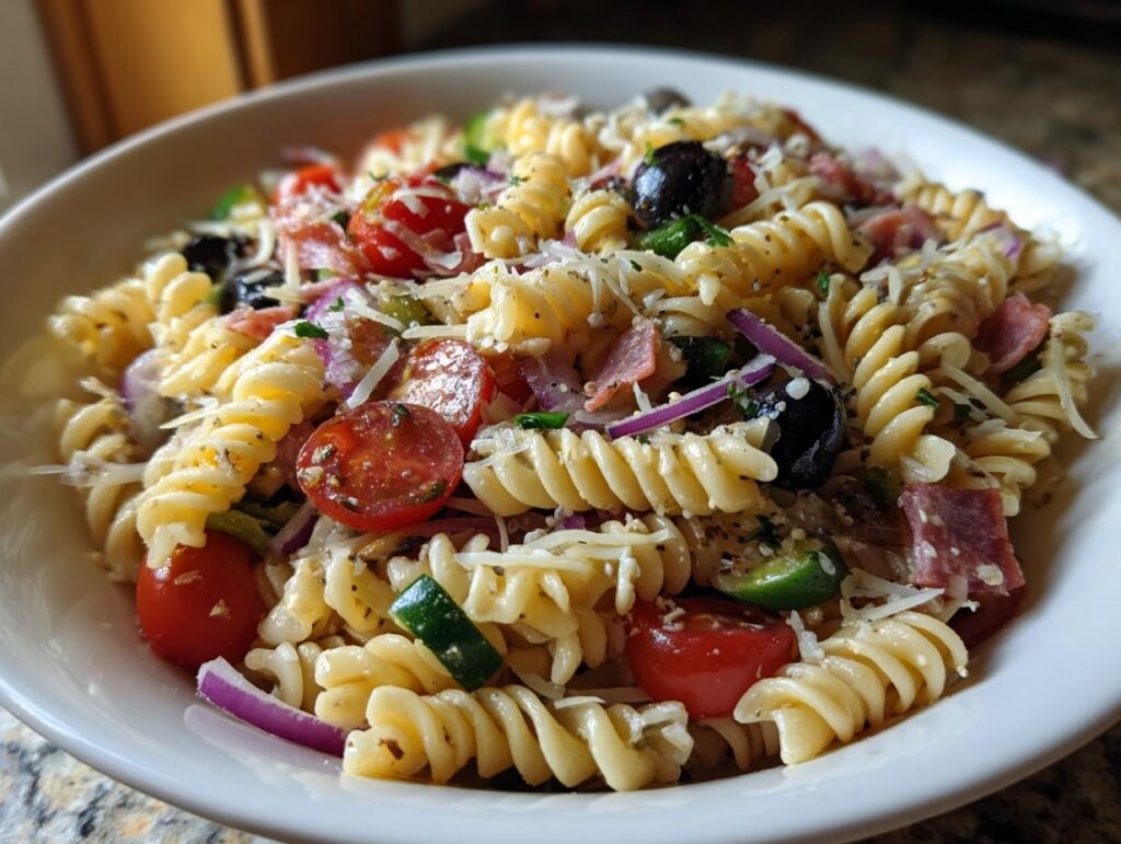 A vibrant bowl of Italian Pasta Salad with rotini pasta, tomatoes, olives, salami, and parmesan.