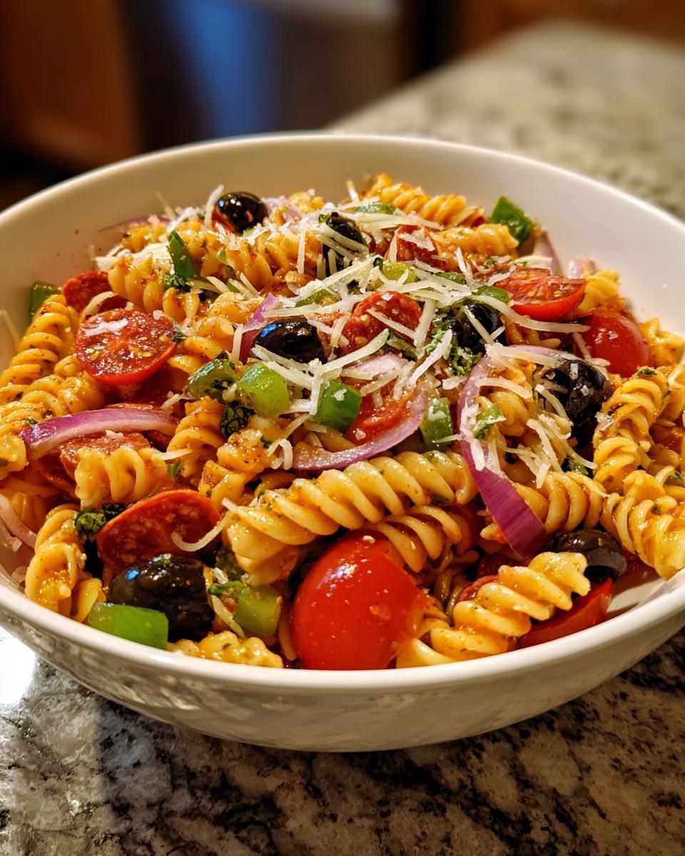 A vibrant bowl of Italian Pasta Salad featuring rotini pasta, tomatoes, olives, pepperoni, cheese, and red onion.